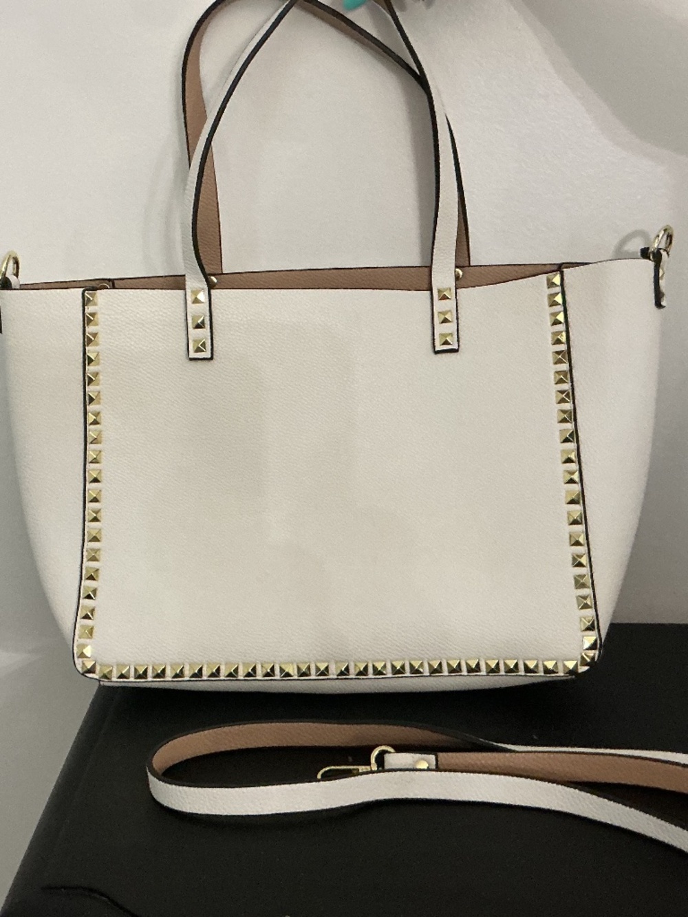 White Studded Pebbled Leather Tote | New with Detachable Strap & Pouch